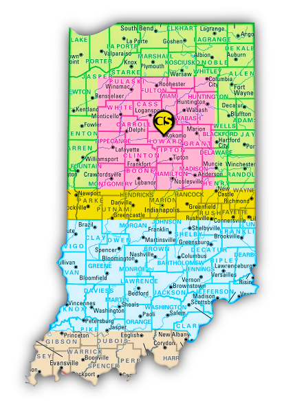 Clifford Signs service coverage map for Central Indian including Kokomo, Lafayette and Indianapolis.